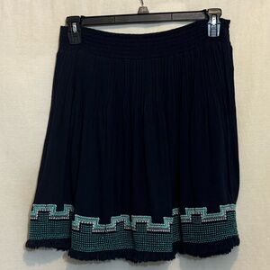 A-185 Crown & Ivy Ruched Elastic‎ Waist Blue Embroidered Lined MIDI Skirt Size S